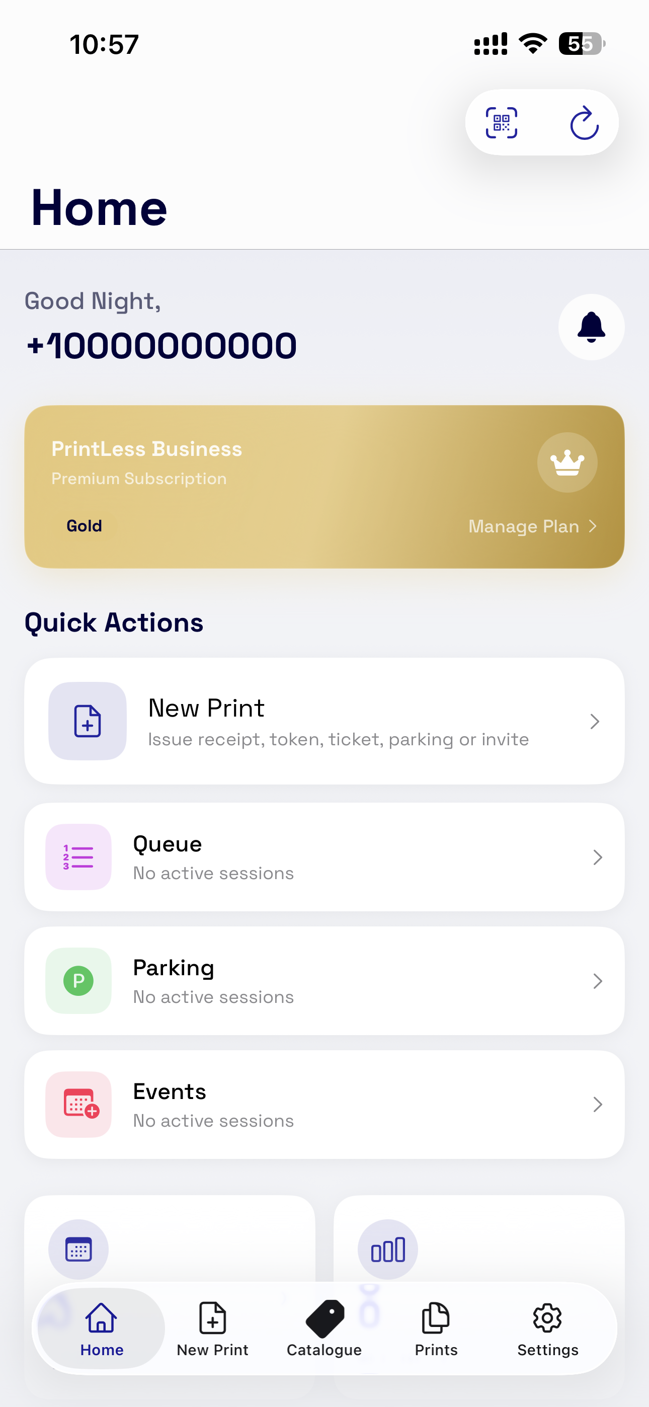 Printless vendor — home dashboard with quick actions